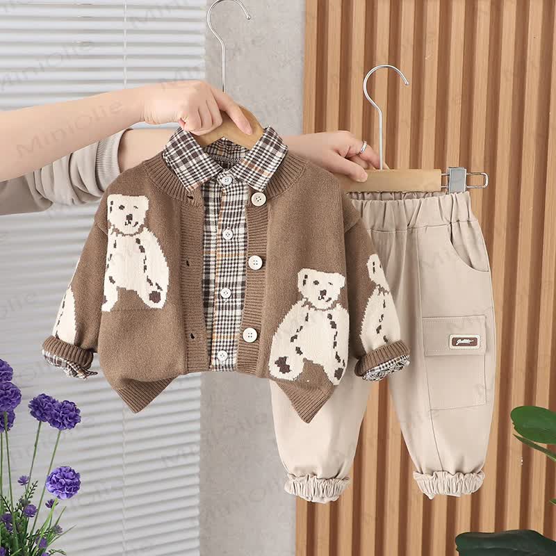 Toddler Bear Cardigan Layered Plaid Shirt and Pants 3-piece Set - Brown - 4-5T - image 2