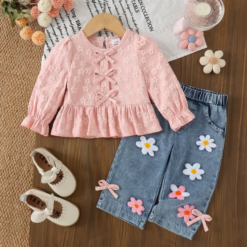 Baby Girl Pink Bow Jacquard Peplum 2-piece Set - Pink - 2-3Y - image 1