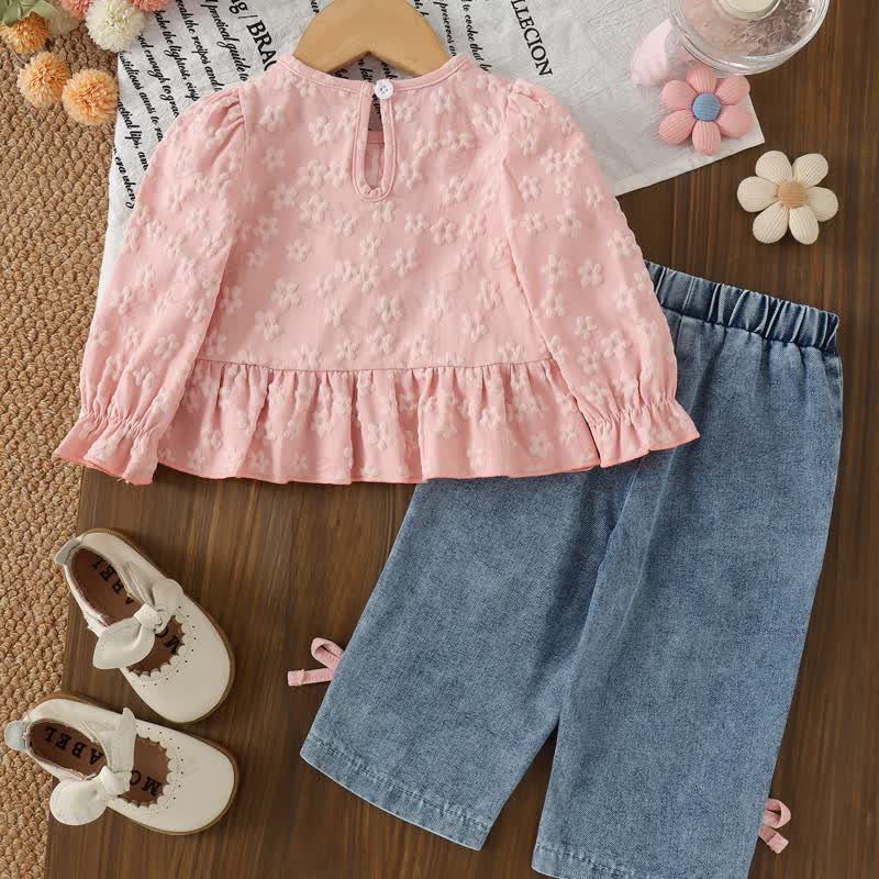 Baby Girl Pink Bow Jacquard Peplum 2-piece Set - image 2