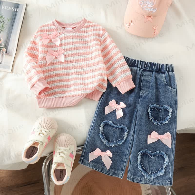 Baby Girl Ping Striped Bow Top and Heart Denim Pants 2-piece Set - Pink - 2-3Y - image 1