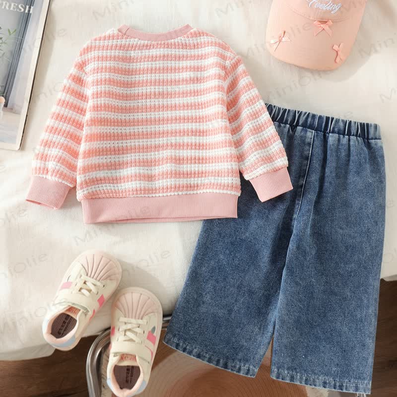 Baby Girl Ping Striped Bow Top and Heart Denim Pants 2-piece Set - image 2