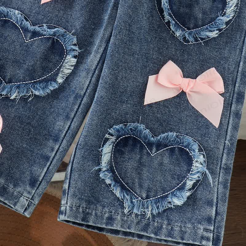 Baby Girl Ping Striped Bow Top and Heart Denim Pants 2-piece Set - image 6