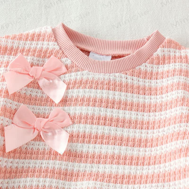 Baby Girl Ping Striped Bow Top and Heart Denim Pants 2-piece Set - image 3