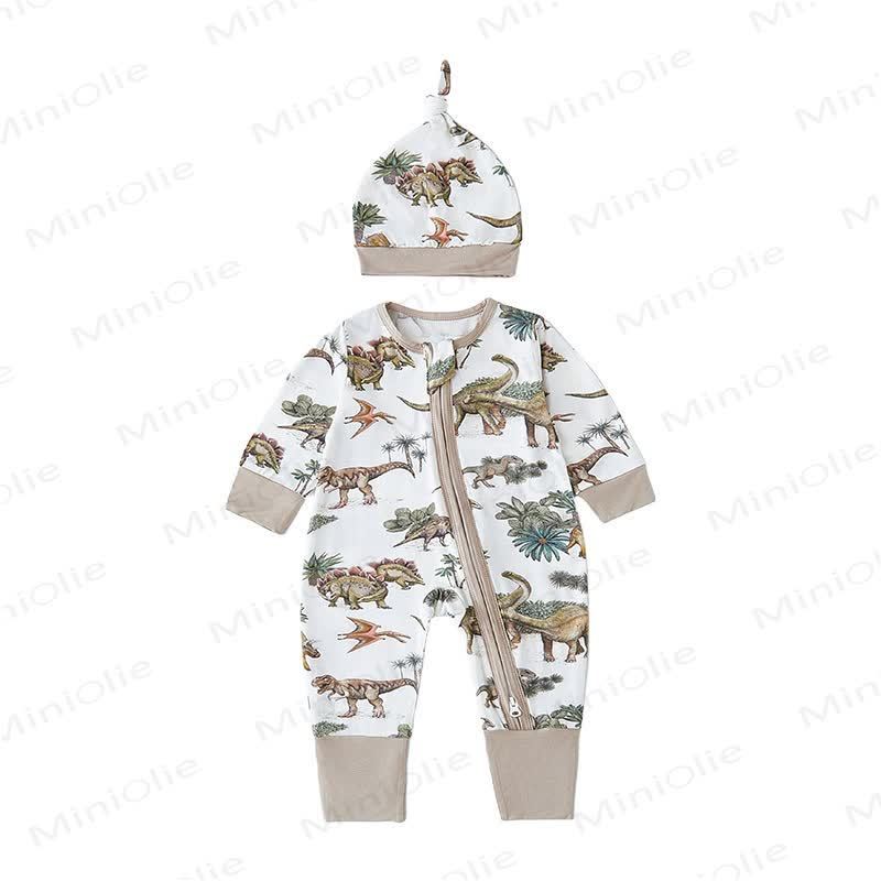Baby Safari Animal Print Zip Romper with Hat - Khaki Dinosaur - 18-24M - image 4