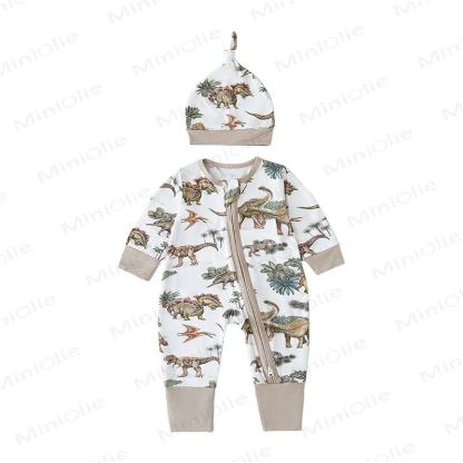 Baby Safari Animal Print Zip Romper with Hat - Khaki Dinosaur - 18-24M - image 4