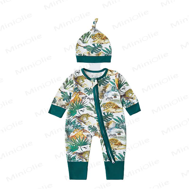 Baby Safari Animal Print Zip Romper with Hat - Green Tiger - 18-24M - image 6