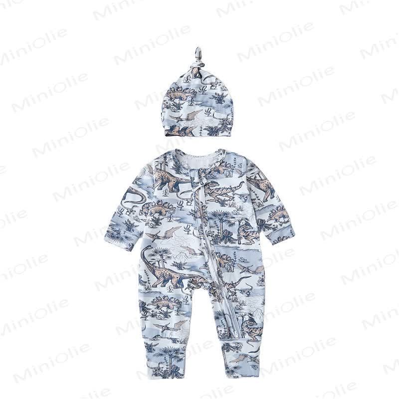 Baby Safari Animal Print Zip Romper with Hat - Gray Dinosaur - 18-24M - image 7