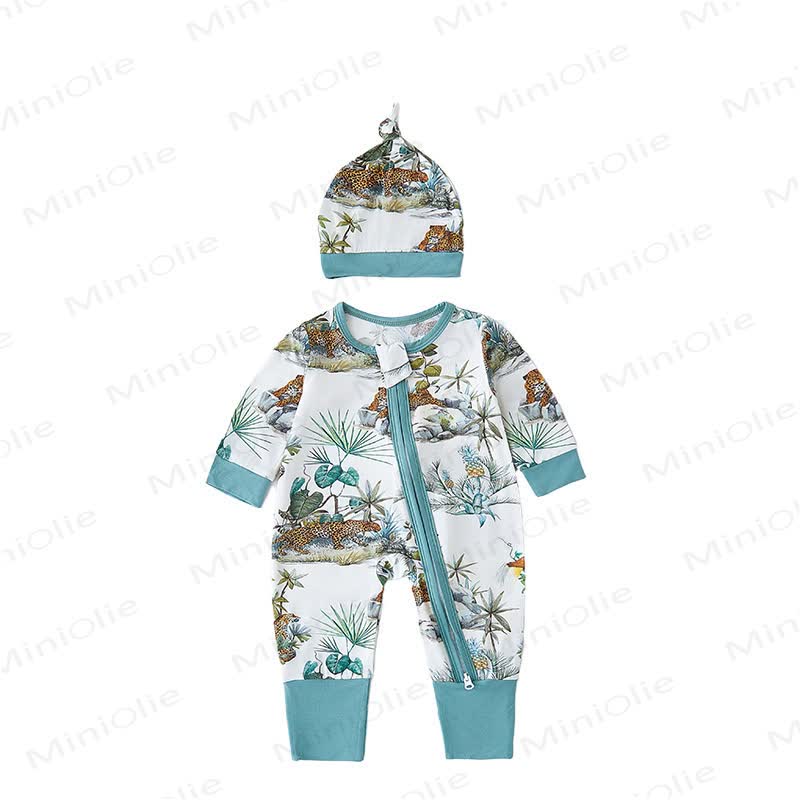 Baby Safari Animal Print Zip Romper with Hat - Green Leopard - 18-24M - image 9