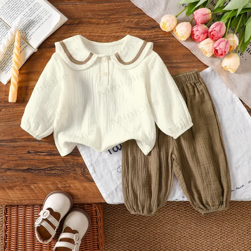 Toddler Girls Peter Pan Collar Top and Pants 2-piece Set - Brown - 6-7T - image 2