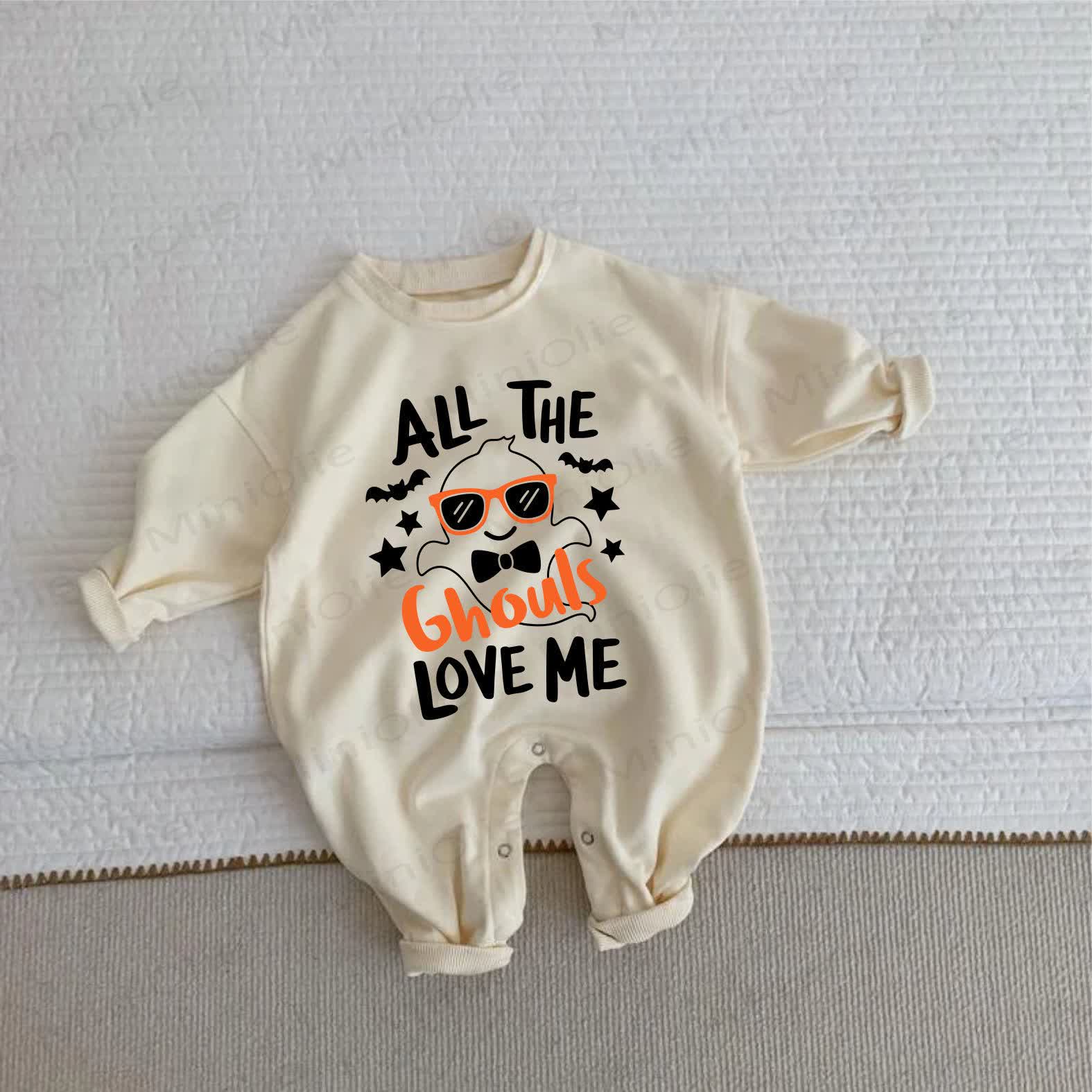 ALL THE GHOULS LOVE ME Baby Beige Romper - Beige - 2-3T - image 1