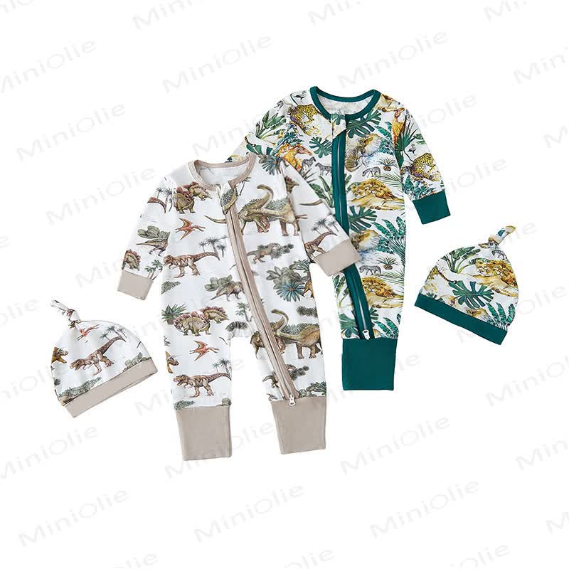 Baby Safari Animal Print Zip Romper with Hat - image 2