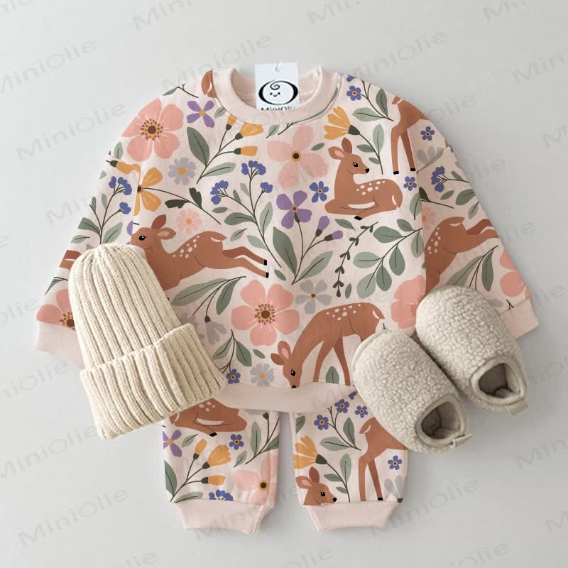 Baby Flower Deer Print Beige 2-piece Set - Beige - 3-5T - image 1