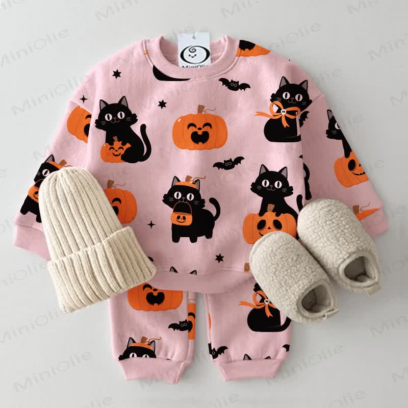Baby Cat and Pumpkin Print Beige 2-piece Set - Pink - 3-5T - image 1