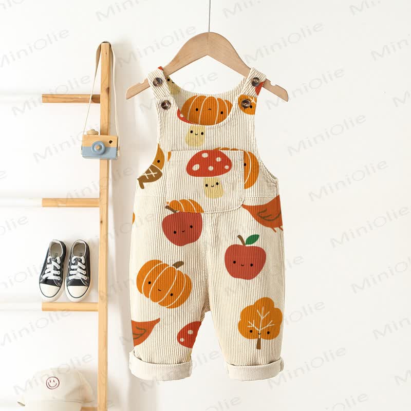Baby Toddler Beige Mushrooms and Pumpkins Corduroy Pocket Overalls - Beige - 5-7T - image 1