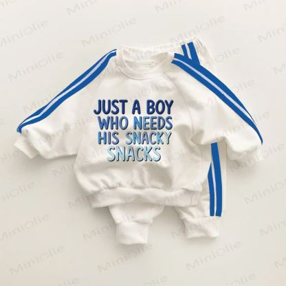 JUST A BOY WHO NEEDS HIS SNACKY SNACKS Baby Toddler Blue Striped 2-piece Set - White&Blue - 3-5T - image 1