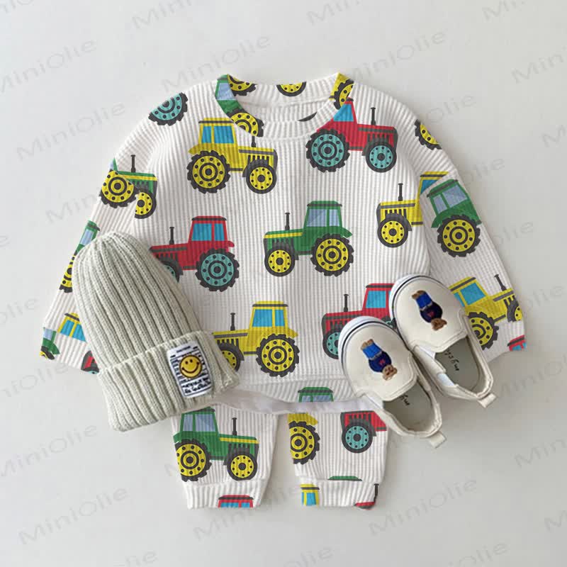 Baby White Tractor Print Waffle 2-piece Set - White - 2-3T - image 1