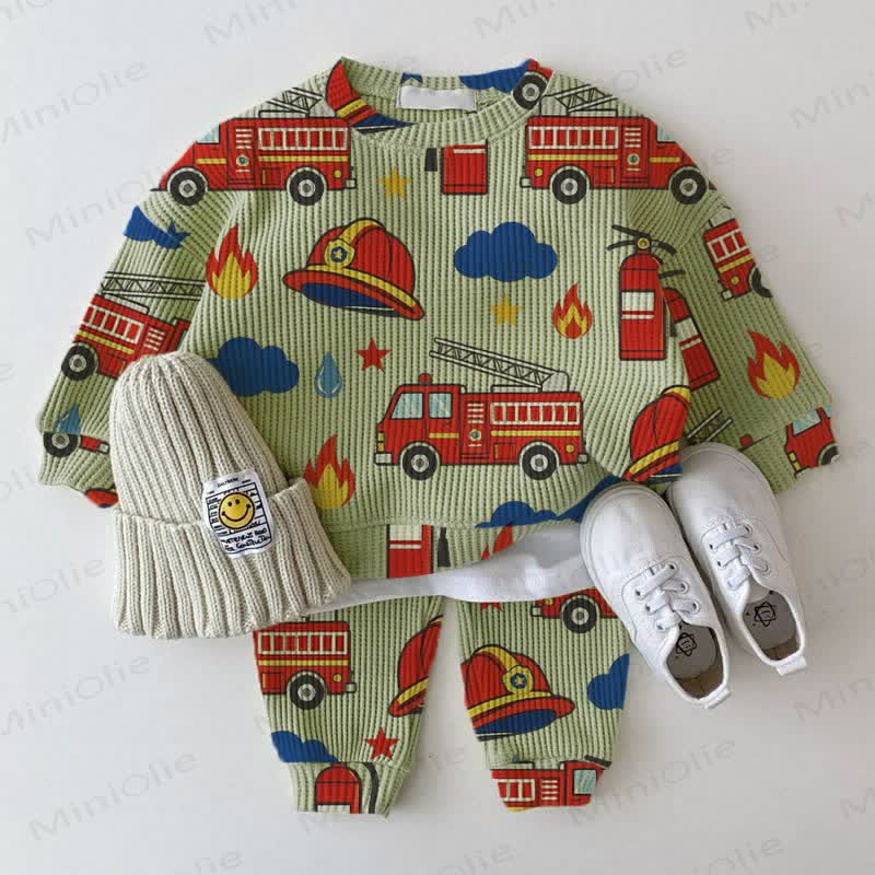 Baby Green Fire Truck Print Waffle 2-piece Set - Green - 2-3T - image 1