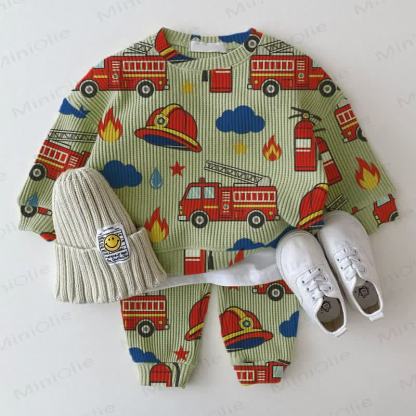 Baby Green Fire Truck Print Waffle 2-piece Set - Green - 2-3T - image 1