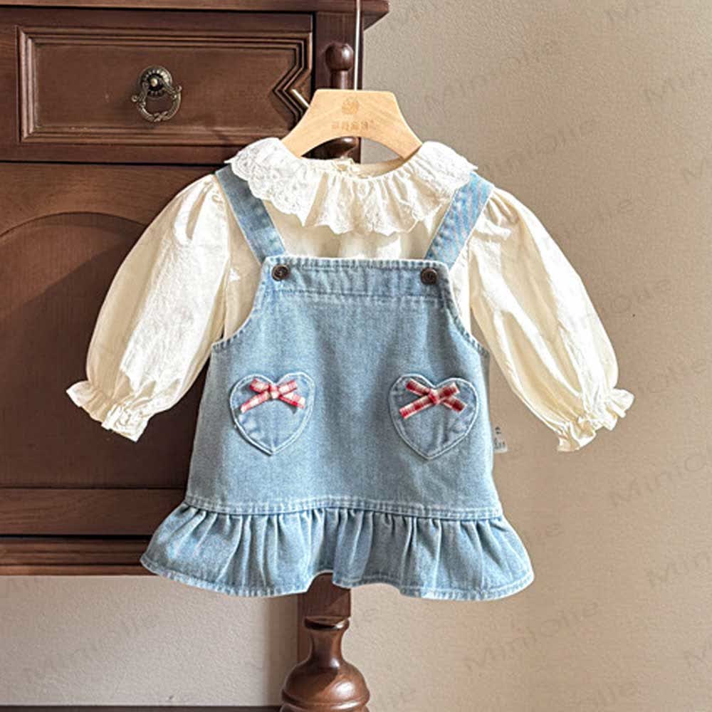 Baby Heart Pocket Denim Pinafore Dress or Beige Top - image 1