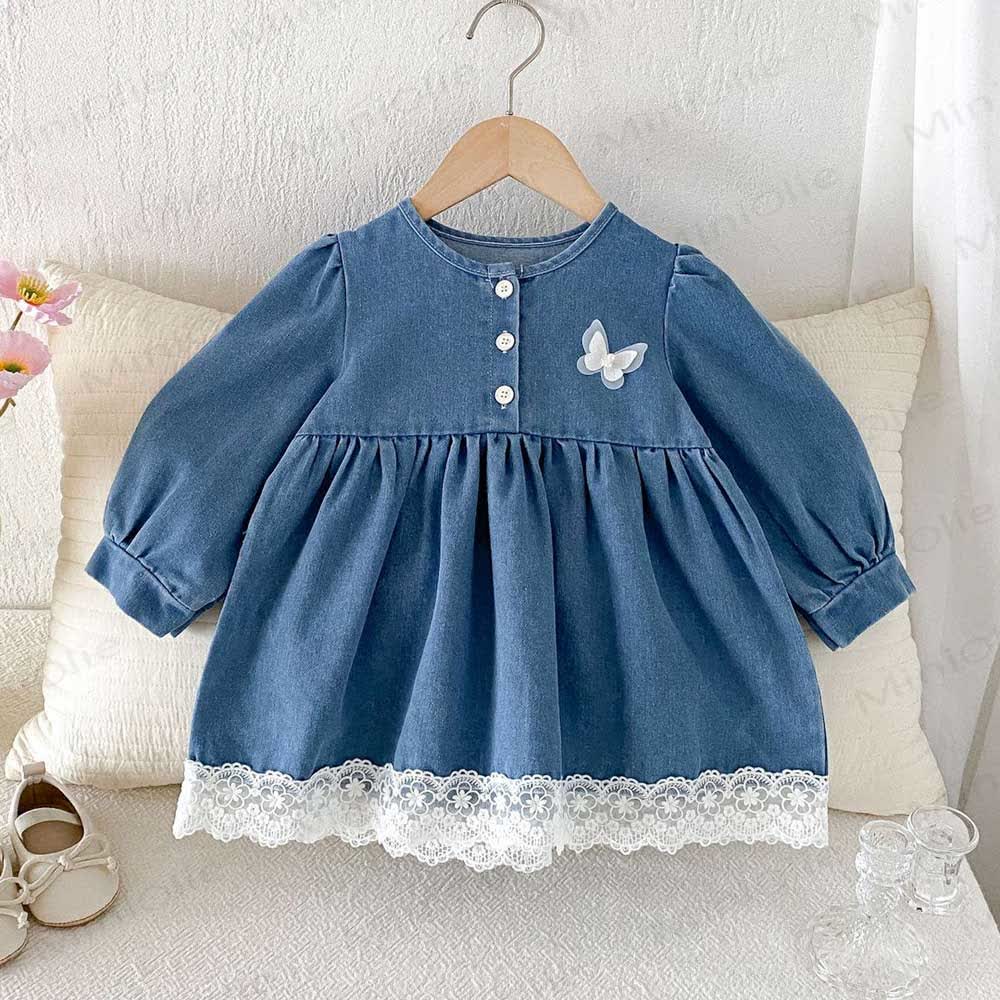 Baby Toddler Butterfly Denim Lace Hem Long Sleeve Dress - Blue - 3-4T - image 1