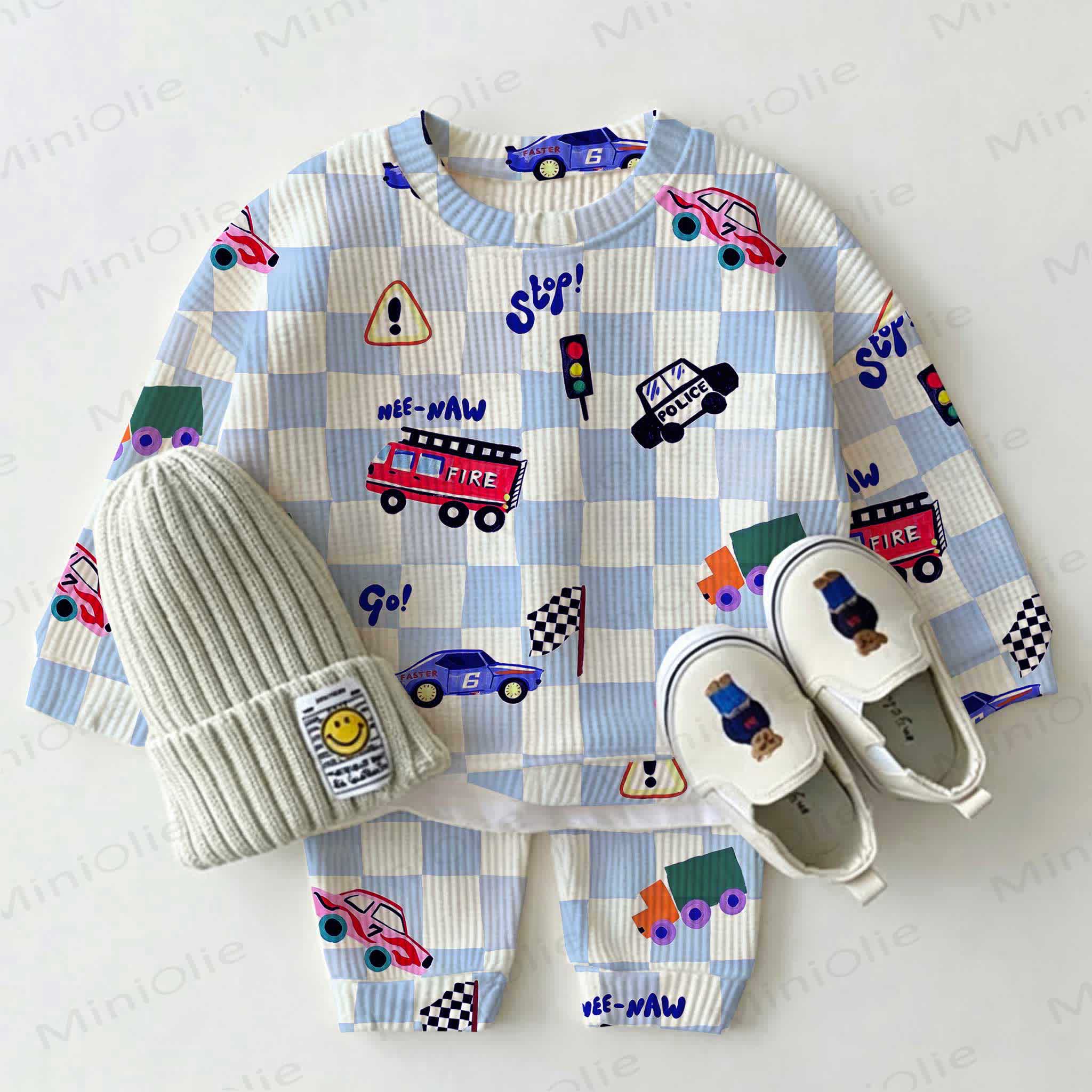 Baby Blue and White Checkered Car Print Waffle 2-piece Set - White - 2-3T - image 1