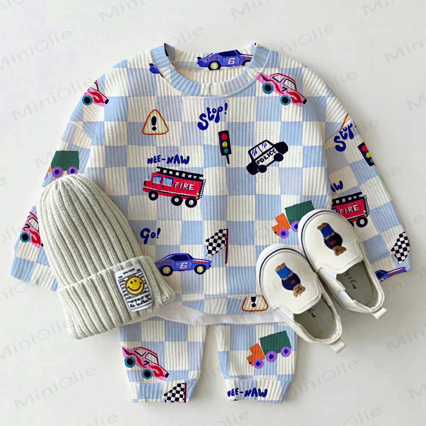 Baby Blue and White Checkered Car Print Waffle 2-piece Set - White - 2-3T - image 1