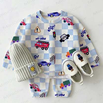 Baby Blue and White Checkered Car Print Waffle 2-piece Set - White - 2-3T - image 1