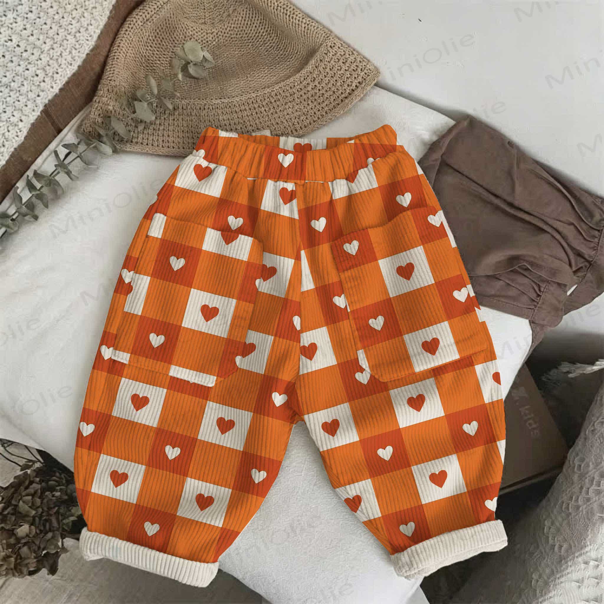 Baby Toddler Orange Checkered Heart Corduroy Pants - Beige - 5-7T - image 1