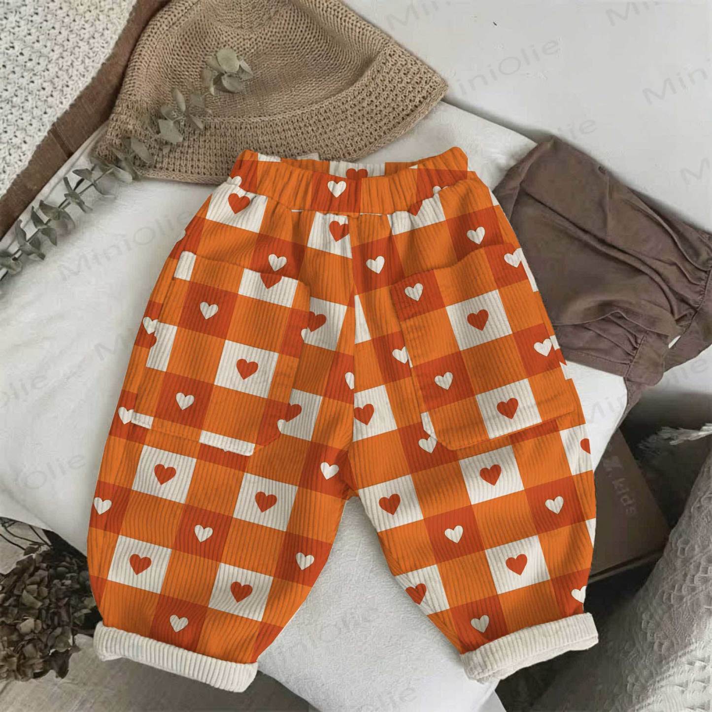 Baby Toddler Orange Checkered Heart Corduroy Pants - Beige - 5-7T - image 1