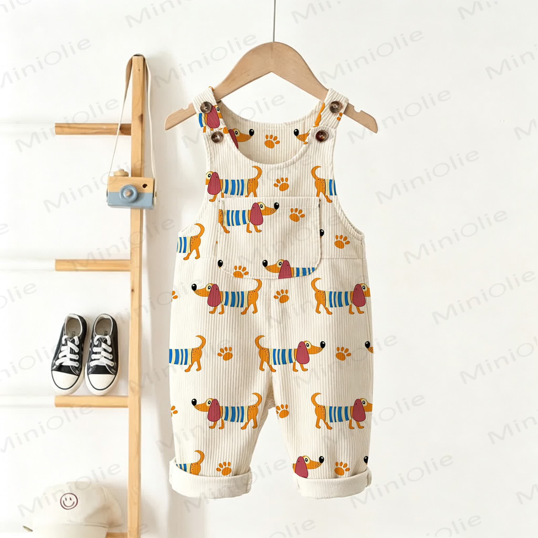 Baby Toddler Beige Daschund Print Corduroy Pocket Overalls - Beige - 5-7T - image 1