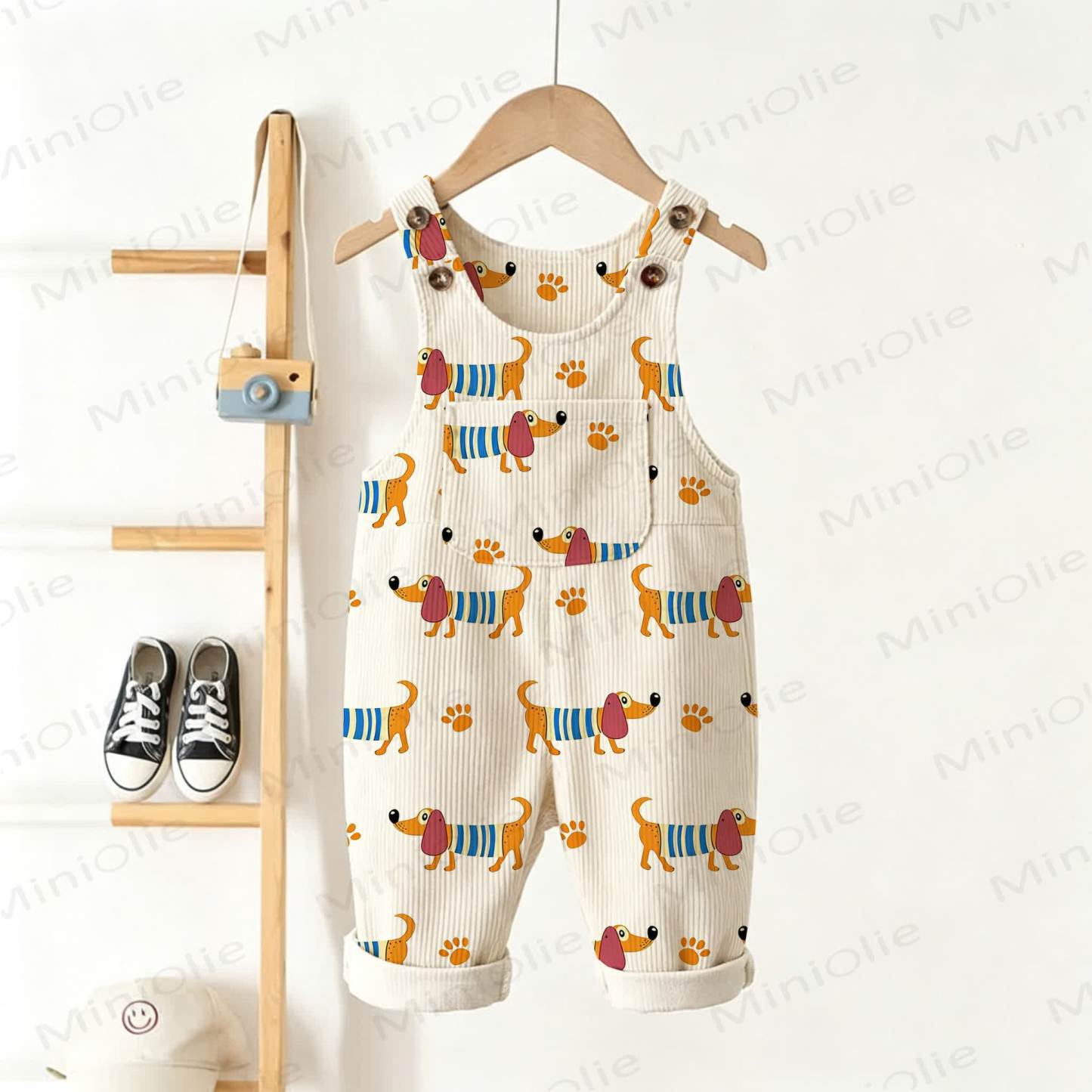 Baby Toddler Beige Daschund Print Corduroy Pocket Overalls - Beige - 5-7T - image 1
