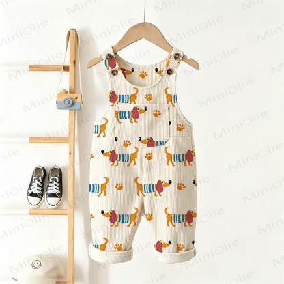 Baby Toddler Beige Daschund Print Corduroy Pocket Overalls - Beige - 5-7T - image 1
