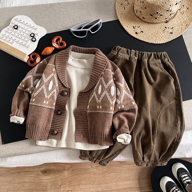Baby Toddler Cozy Jacquard Knit Cardigan and Pants 3-piece Set - Brown - 4-5T - image 2