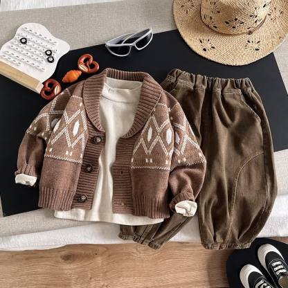 Baby Toddler Cozy Jacquard Knit Cardigan and Pants 3-piece Set - Brown - 4-5T - image 2