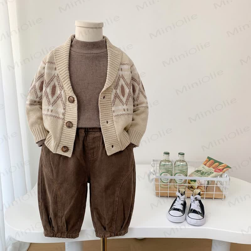 Baby Toddler Cozy Jacquard Knit Cardigan and Pants 3-piece Set - Beige - 4-5T - image 3