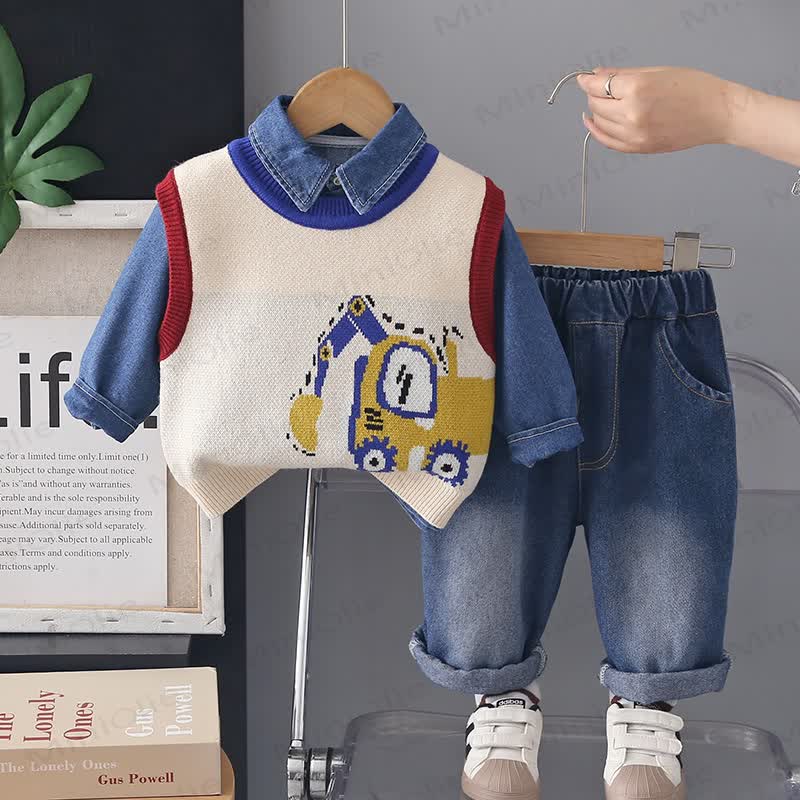 Baby Toddler Excavator Knit Denim Layered 3-piece Set - Beige - 4-5T - image 1