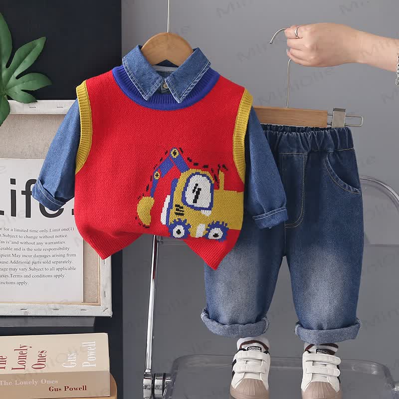 Baby Toddler Excavator Knit Denim Layered 3-piece Set - Red - 4-5T - image 2