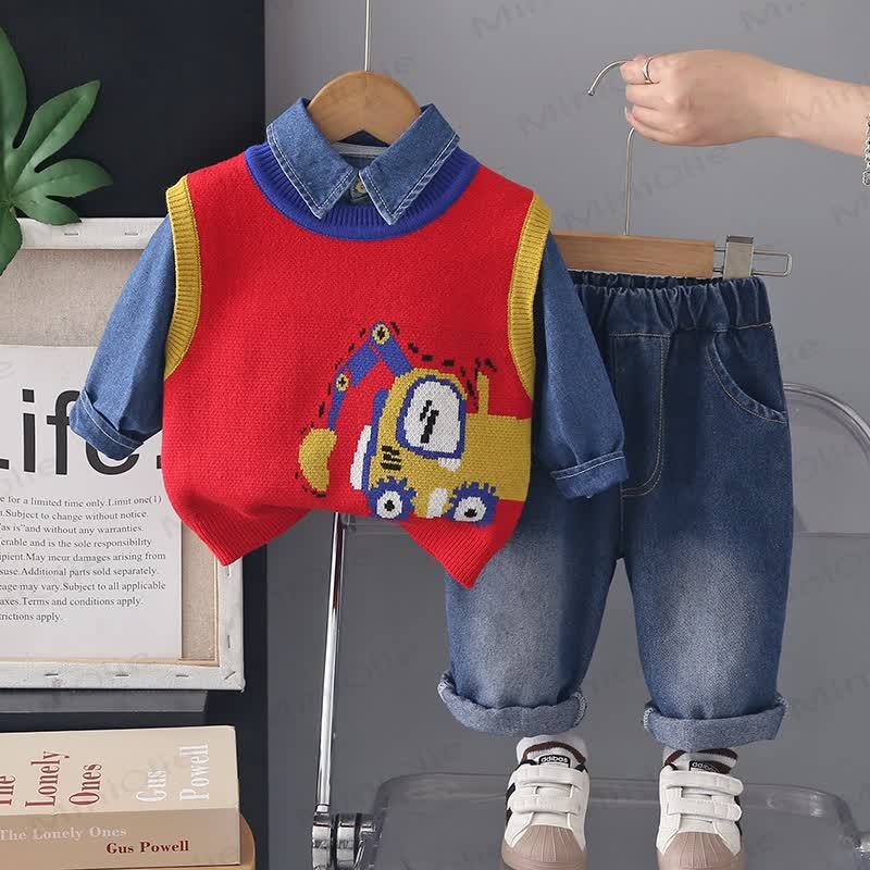 Baby Toddler Excavator Knit Denim Layered 3-piece Set - Red - 4-5T - image 2