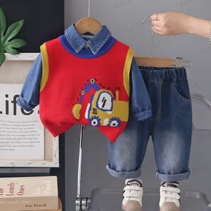 Baby Toddler Excavator Knit Denim Layered 3-piece Set - Red - 4-5T - image 2