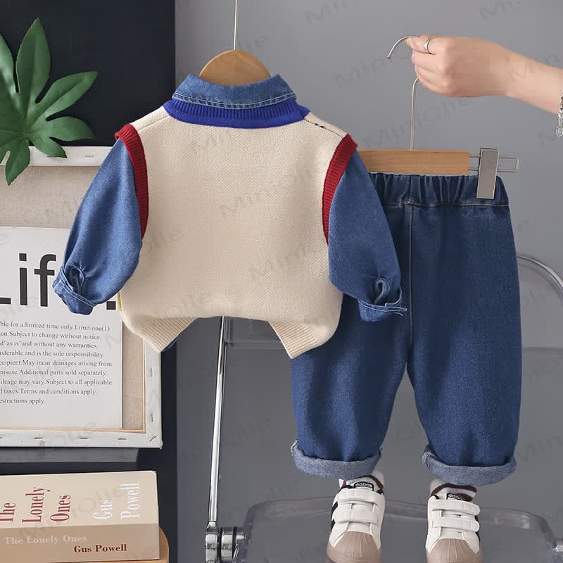 Baby Toddler Excavator Knit Denim Layered 3-piece Set - image 3