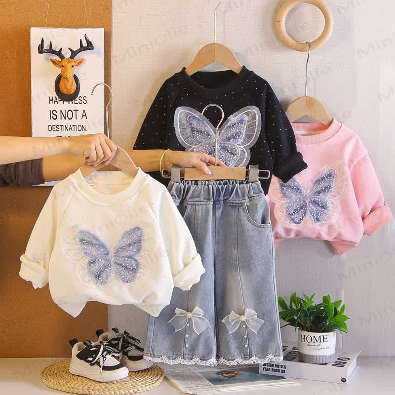 Baby Toddler Girl Butterfly Sweatshirt and Denim Pants 2-piece Set - image 1