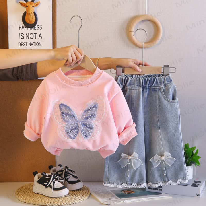 Baby Toddler Girl Butterfly Sweatshirt and Denim Pants 2-piece Set - Pink - 4-5T - image 4