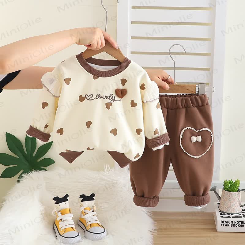 LOVELY Toddler Baby Girl Heart Print Top and Pants 2-piece Set - Brown - 4-5T - image 3