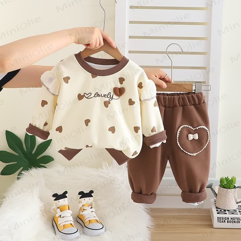 LOVELY Toddler Baby Girl Heart Print Top and Pants 2-piece Set - Brown - 4-5T - image 3