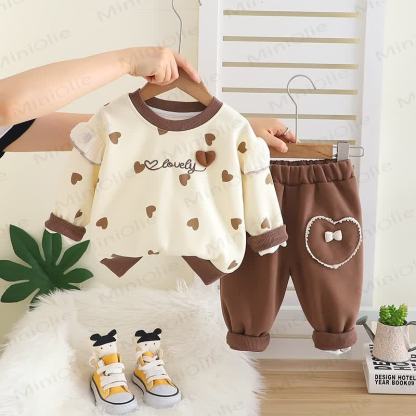 LOVELY Toddler Baby Girl Heart Print Top and Pants 2-piece Set - Brown - 4-5T - image 3