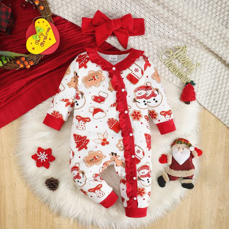 Baby Christmas Print Ruffle Front Romper with Headband - Red - 6-9M - image 2