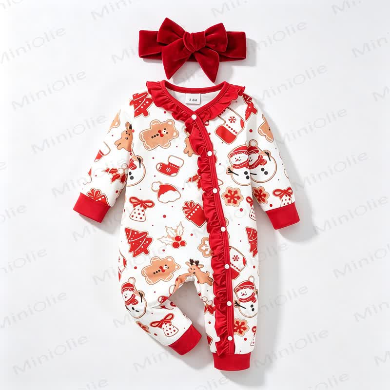 Baby Christmas Print Ruffle Front Romper with Headband - image 1