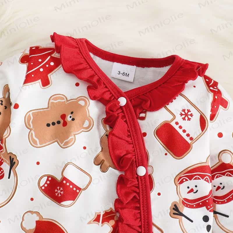Baby Christmas Print Ruffle Front Romper with Headband - image 5