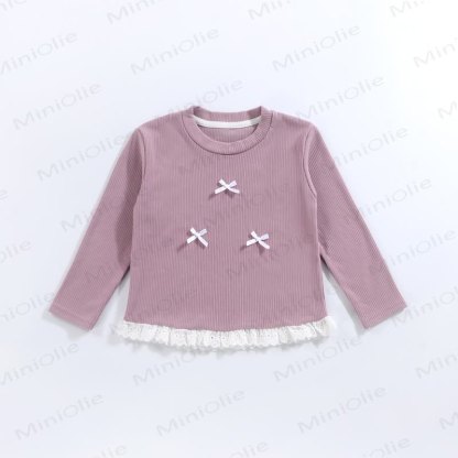 Toddler Girl Ribbed Bow Lace Long Sleeve T-Shirt - Purple - 10-11T - image 3