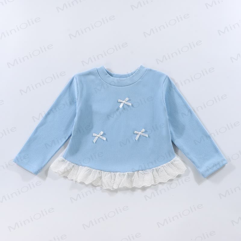 Toddler Girl Ribbed Bow Lace Long Sleeve T-Shirt - Blue - 10-11T - image 7